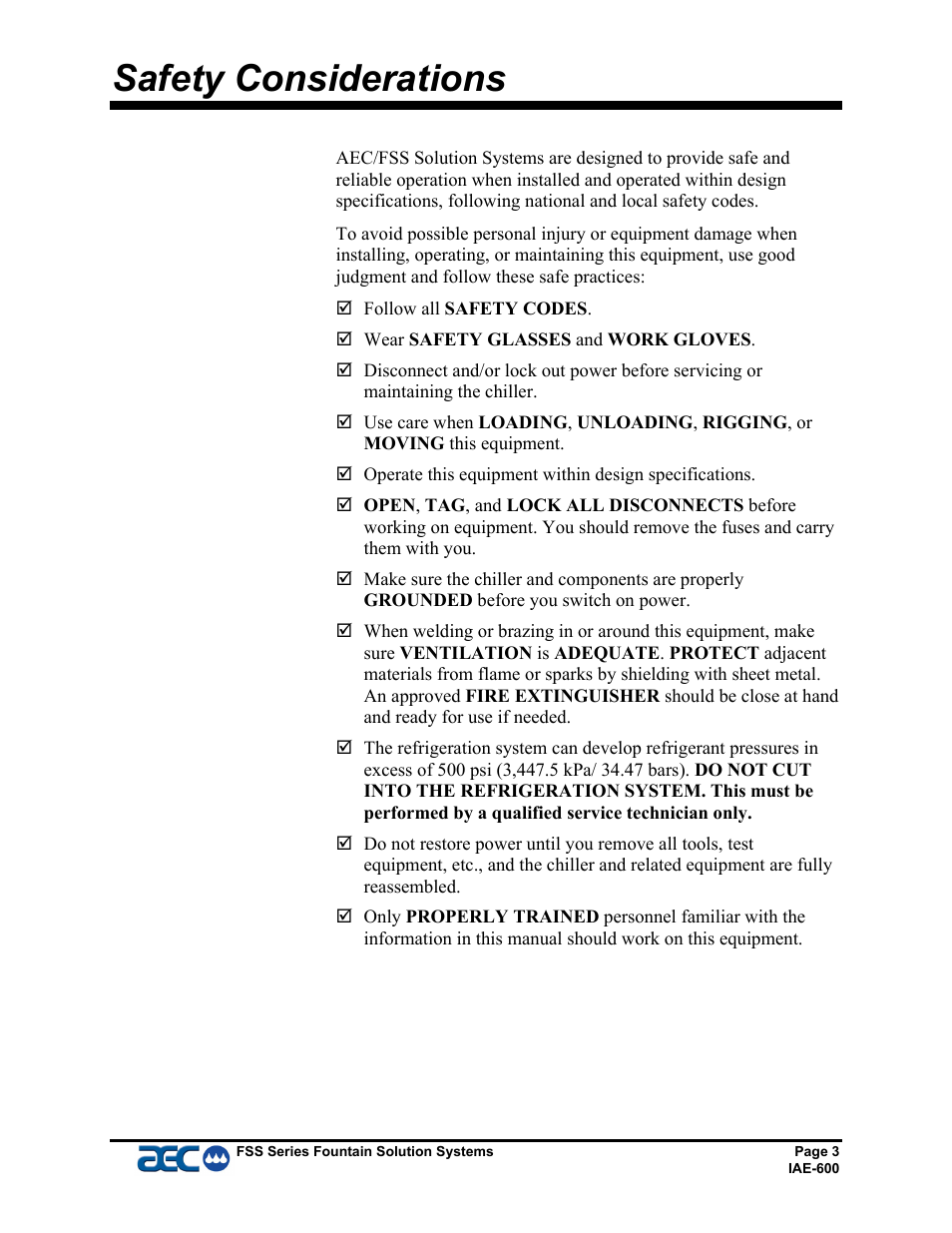 Safety considerations | AEC FSS Series 1.5- 10 HP Fountain Solution Systems User Manual | Page 4 / 81