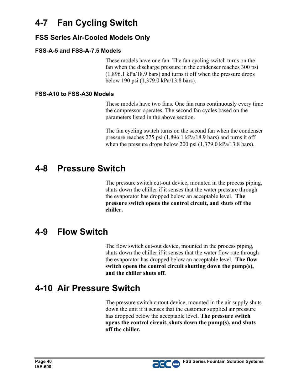 7 fan cycling switch, 8 pressure switch, 9 flow switch | 10 air pressure switch | AEC FSS Series 1.5- 10 HP Fountain Solution Systems User Manual | Page 41 / 81