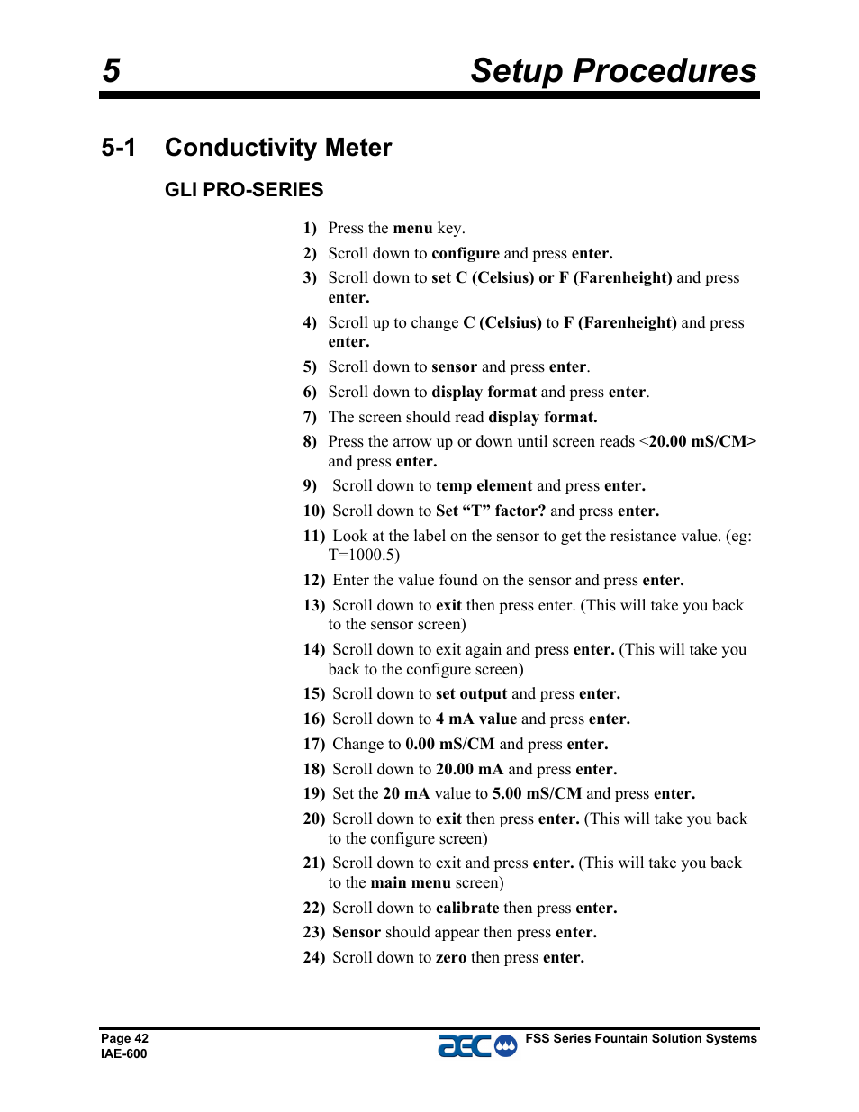 5setup procedures, 1 conductivity meter | AEC FSS Series 1.5- 10 HP Fountain Solution Systems User Manual | Page 43 / 81