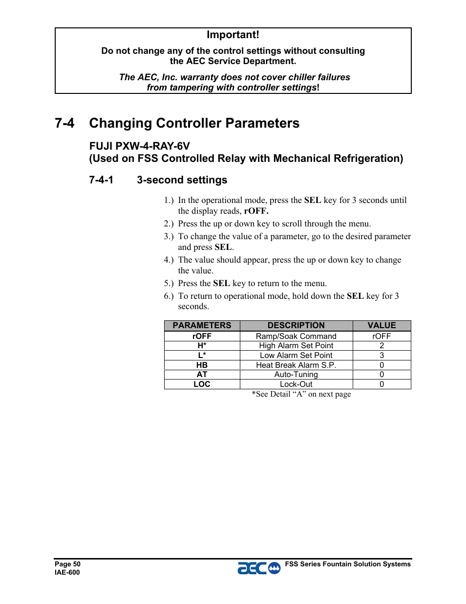 4 changing controller parameters, Important | AEC FSS Series 1.5- 10 HP Fountain Solution Systems User Manual | Page 51 / 81