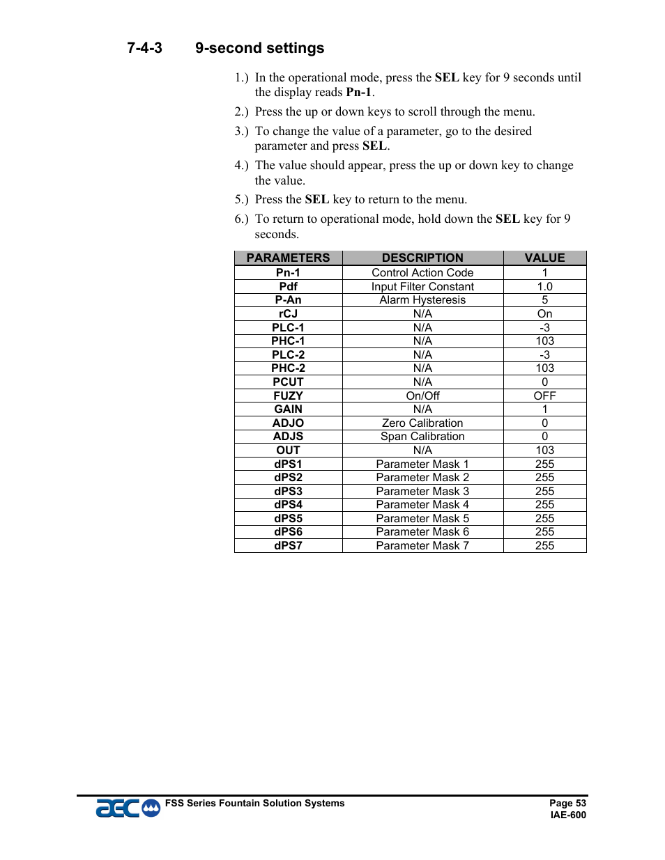 4-3 9-second settings | AEC FSS Series 1.5- 10 HP Fountain Solution Systems User Manual | Page 54 / 81