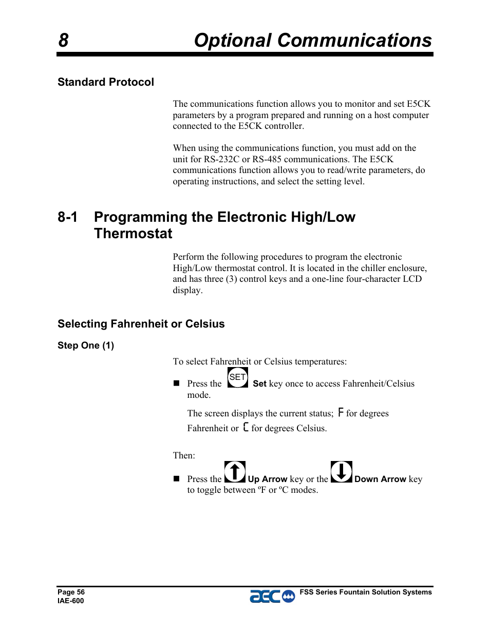 8optional communications, 1 programming the electronic high/low thermostat | AEC FSS Series 1.5- 10 HP Fountain Solution Systems User Manual | Page 57 / 81