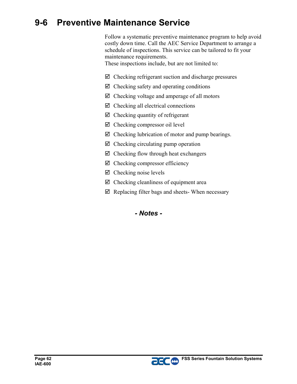 6 preventive maintenance service | AEC FSS Series 1.5- 10 HP Fountain Solution Systems User Manual | Page 63 / 81