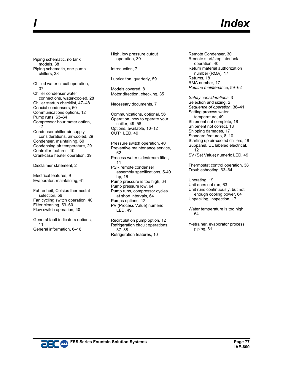 Iindex | AEC FSS Series 1.5- 10 HP Fountain Solution Systems User Manual | Page 78 / 81