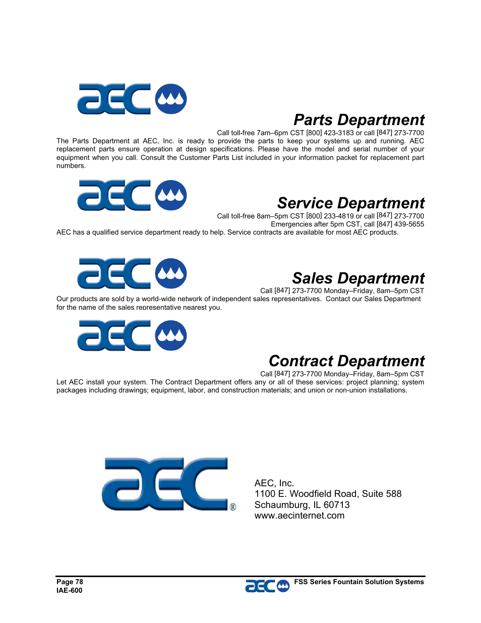 Parts department, Service department, Sales department | Contract department | AEC FSS Series 1.5- 10 HP Fountain Solution Systems User Manual | Page 79 / 81