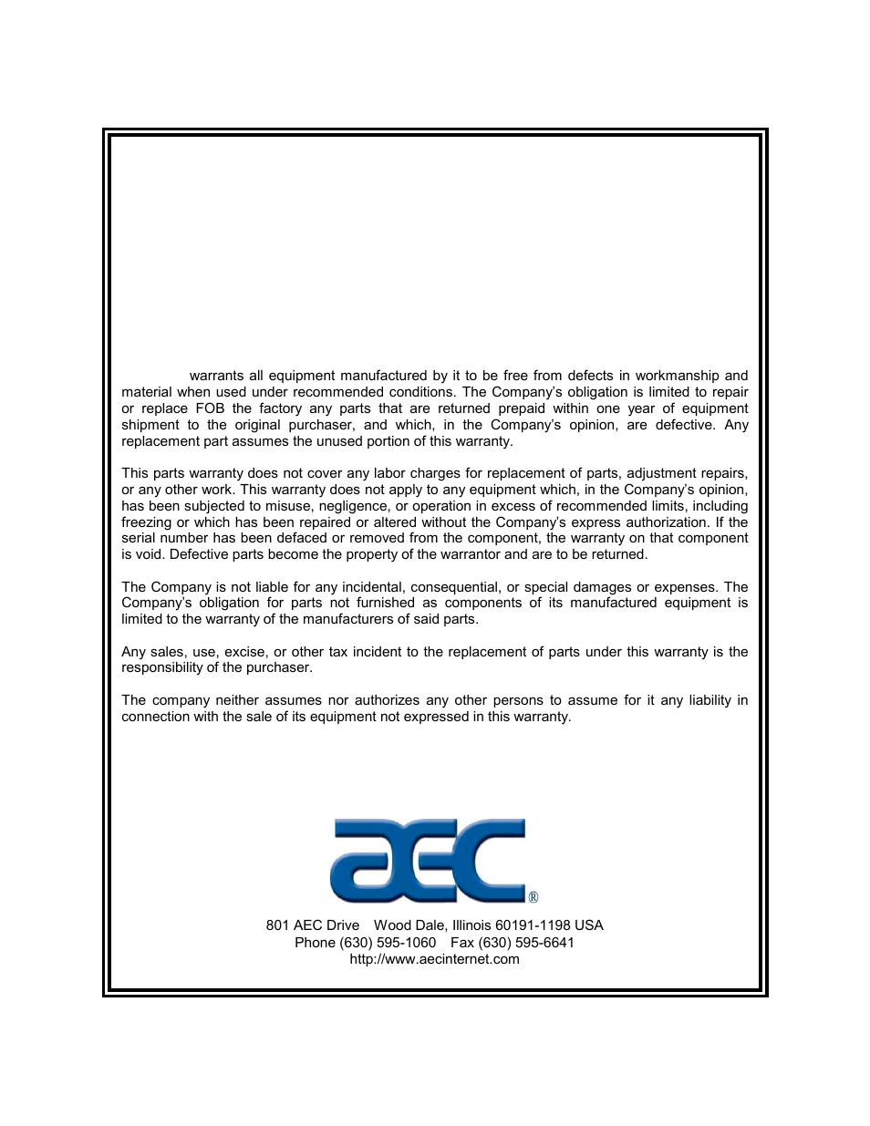 Warranty | AEC FSS Series 1.5- 10 HP Fountain Solution Systems User Manual | Page 80 / 81