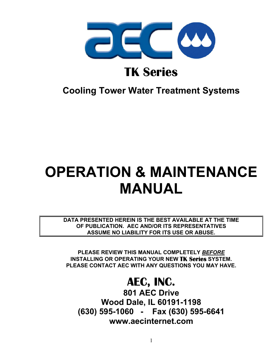 AEC TK Series Cooling Tower Water Treatment Systems User Manual | 42 pages