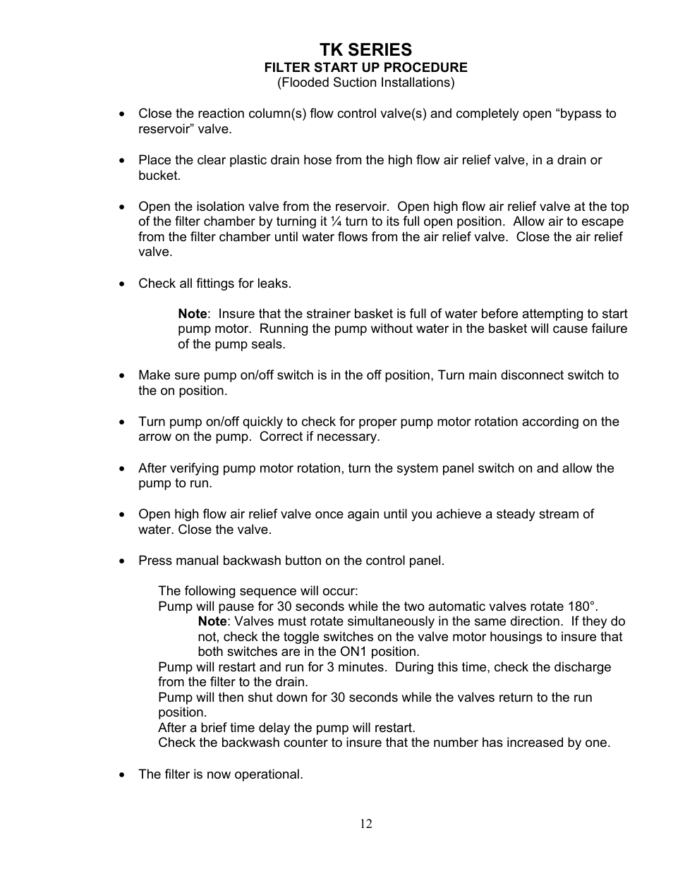 Filter start up procedure, Tk series | AEC TK Series Cooling Tower Water Treatment Systems User Manual | Page 12 / 42