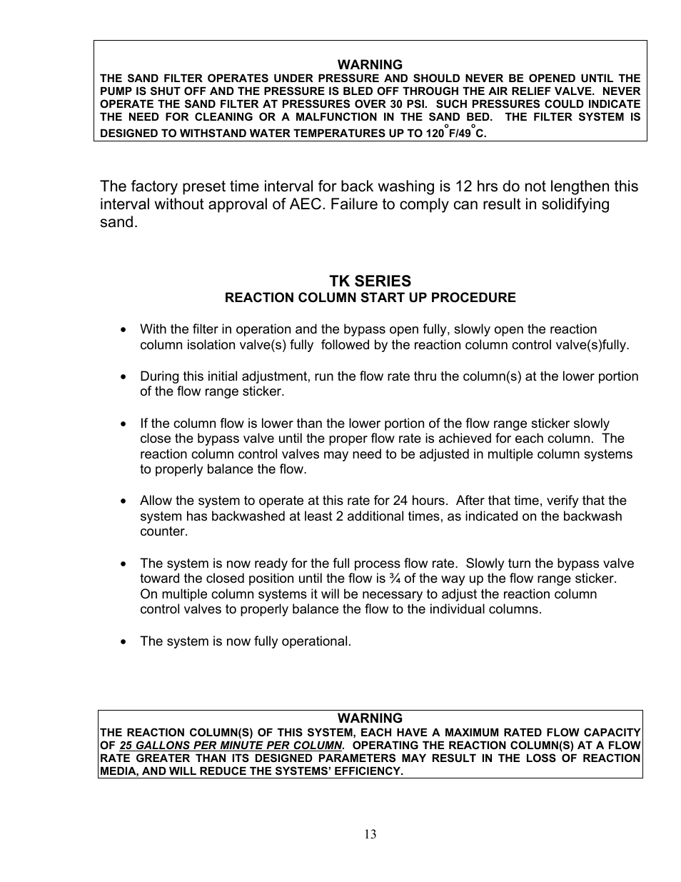 Reaction column start up procedure | AEC TK Series Cooling Tower Water Treatment Systems User Manual | Page 13 / 42