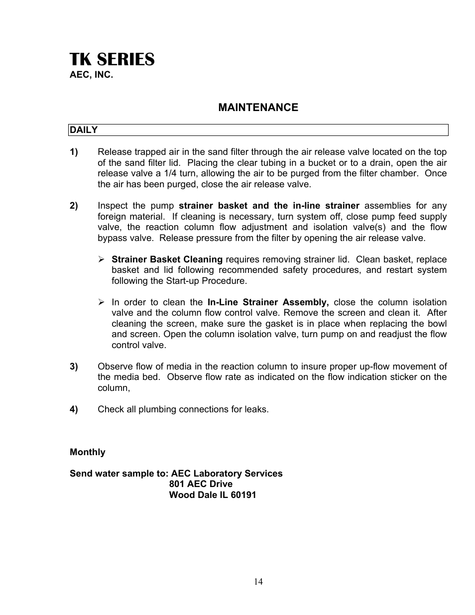 Maintenance, Tk series | AEC TK Series Cooling Tower Water Treatment Systems User Manual | Page 14 / 42