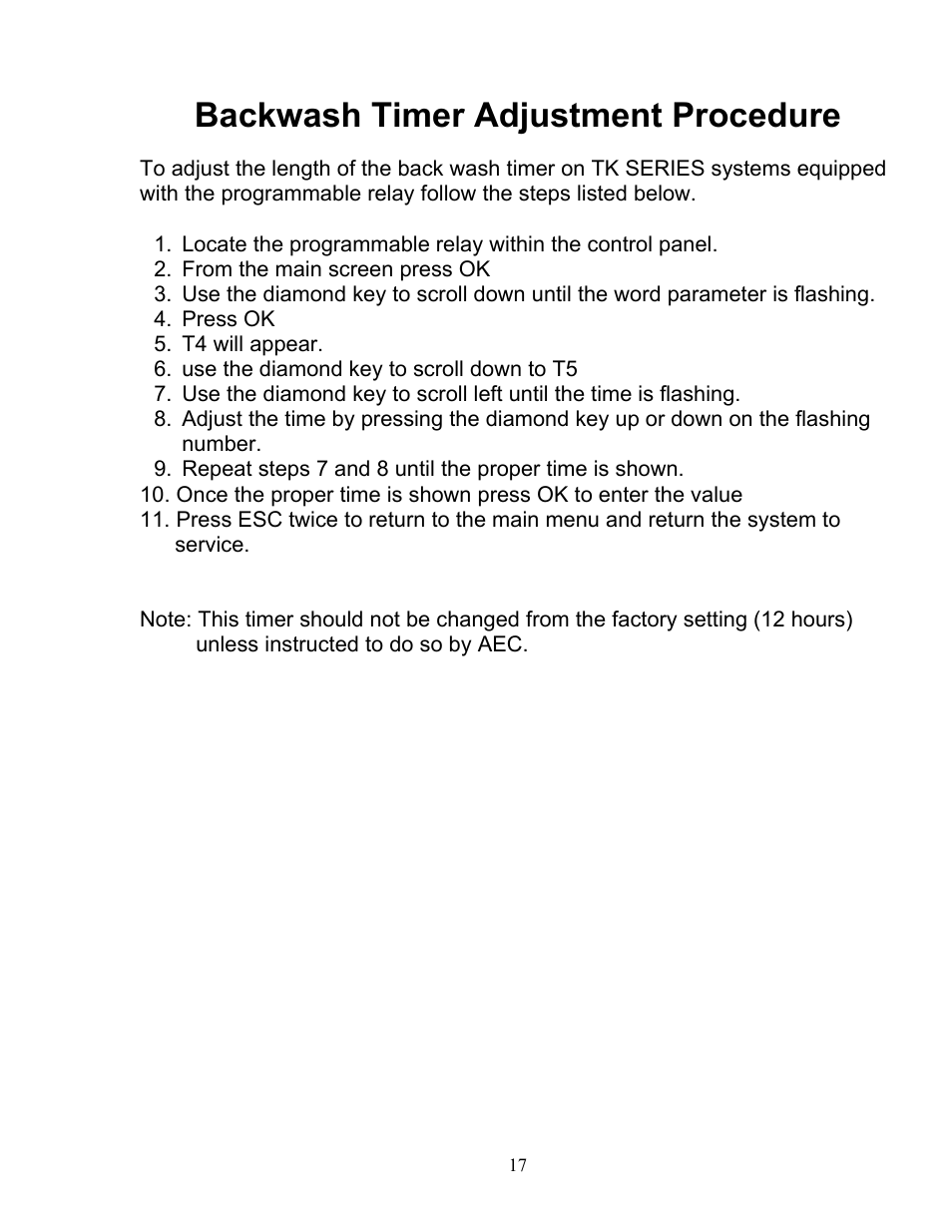 Backwash timer adjustment procedure | AEC TK Series Cooling Tower Water Treatment Systems User Manual | Page 17 / 42