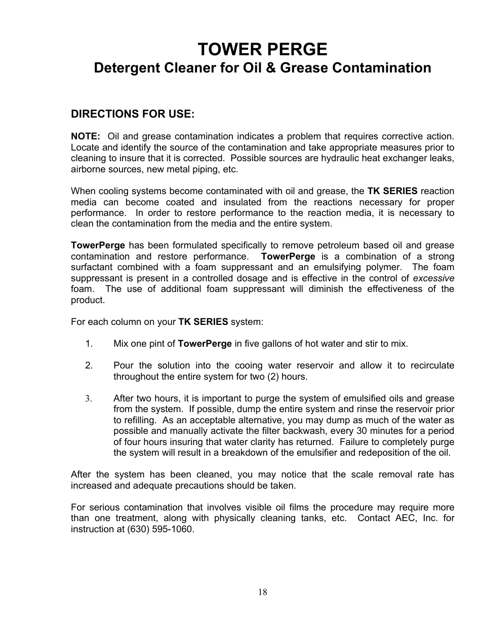 Tower perge, Detergent cleaner for oil & grease contamination | AEC TK Series Cooling Tower Water Treatment Systems User Manual | Page 18 / 42