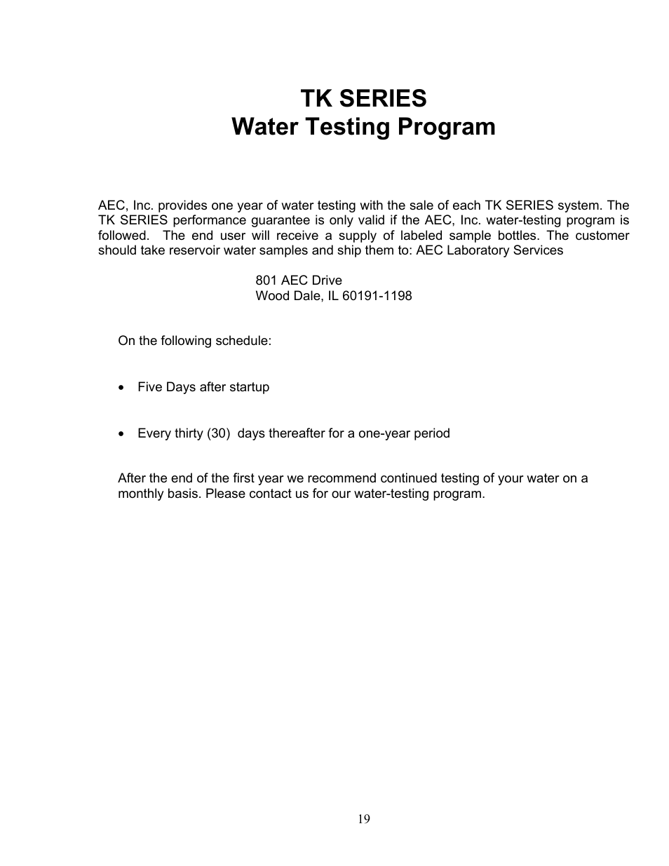 Water testing program, Tk series water testing program | AEC TK Series Cooling Tower Water Treatment Systems User Manual | Page 19 / 42