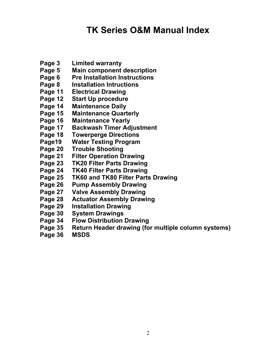 Index, Tk series o&m manual index | AEC TK Series Cooling Tower Water Treatment Systems User Manual | Page 2 / 42