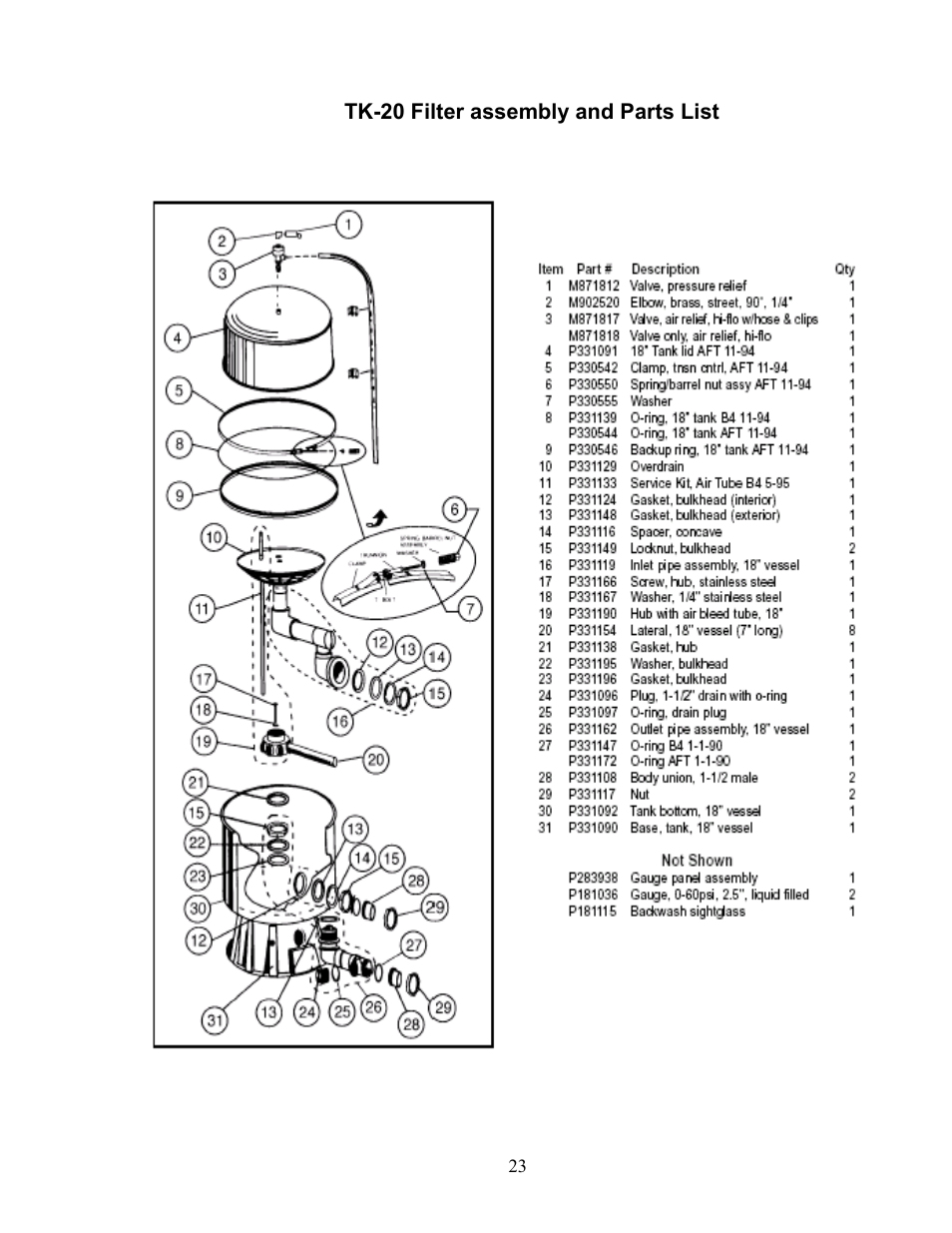 Tk-20 filter assembly & parts list | AEC TK Series Cooling Tower Water Treatment Systems User Manual | Page 23 / 42