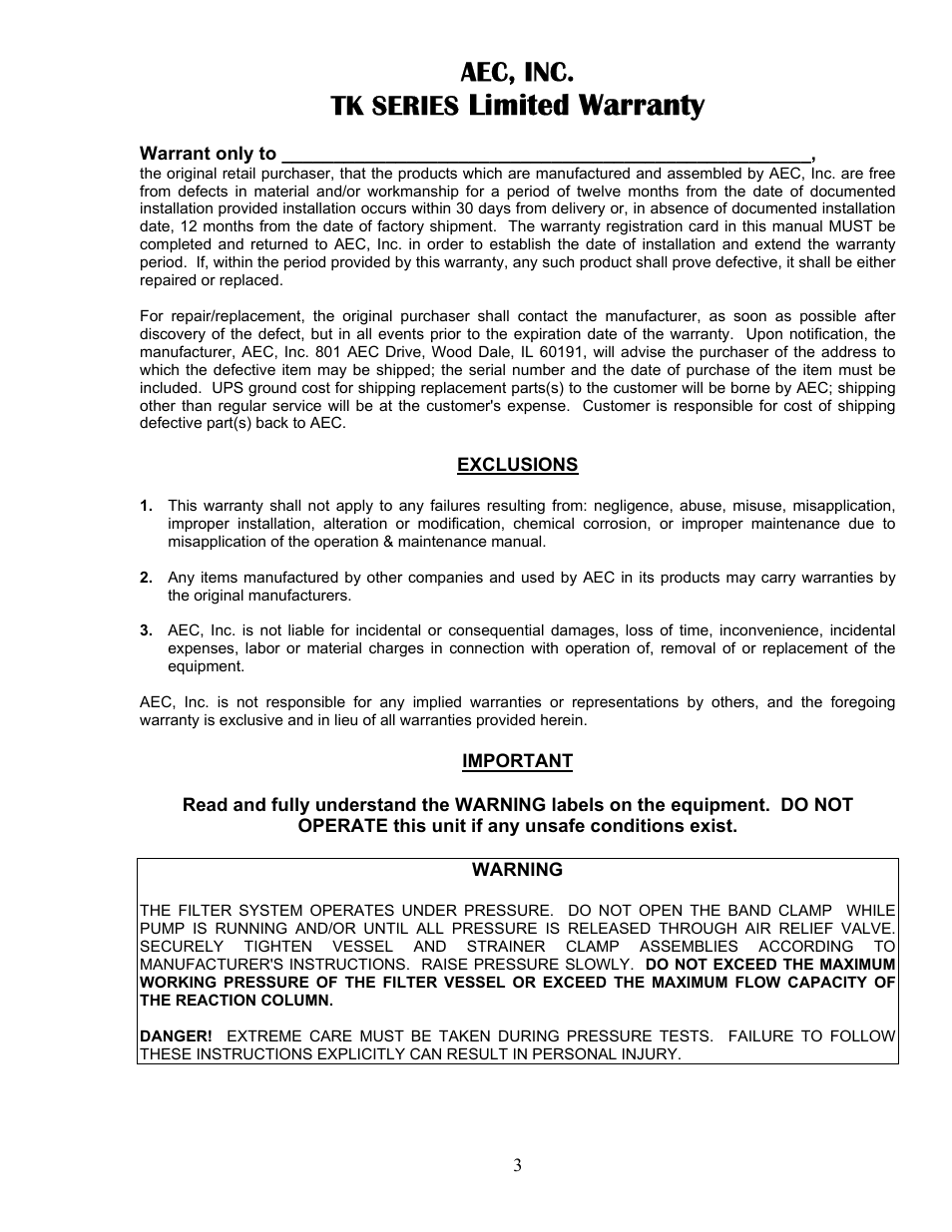 Warranty, Limited warranty, Aec, inc. tk series | AEC TK Series Cooling Tower Water Treatment Systems User Manual | Page 3 / 42
