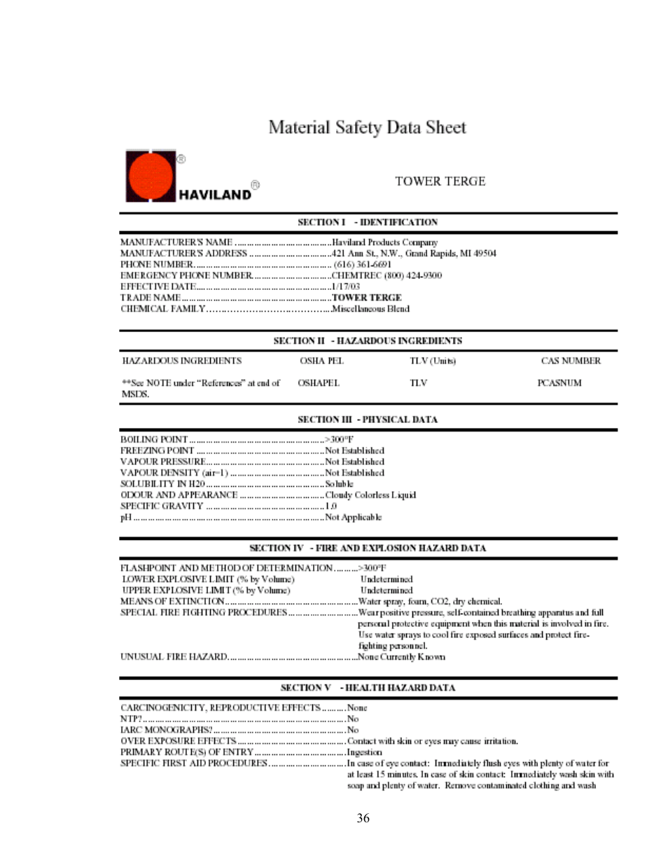 Material safety data sheet | AEC TK Series Cooling Tower Water Treatment Systems User Manual | Page 36 / 42
