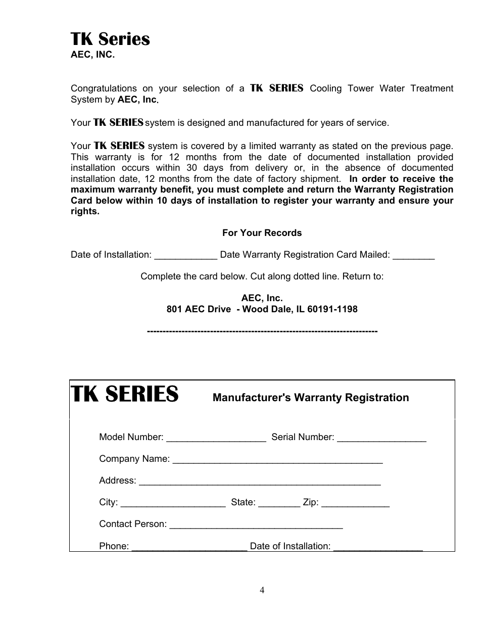 Registration warranty card, Tk series | AEC TK Series Cooling Tower Water Treatment Systems User Manual | Page 4 / 42