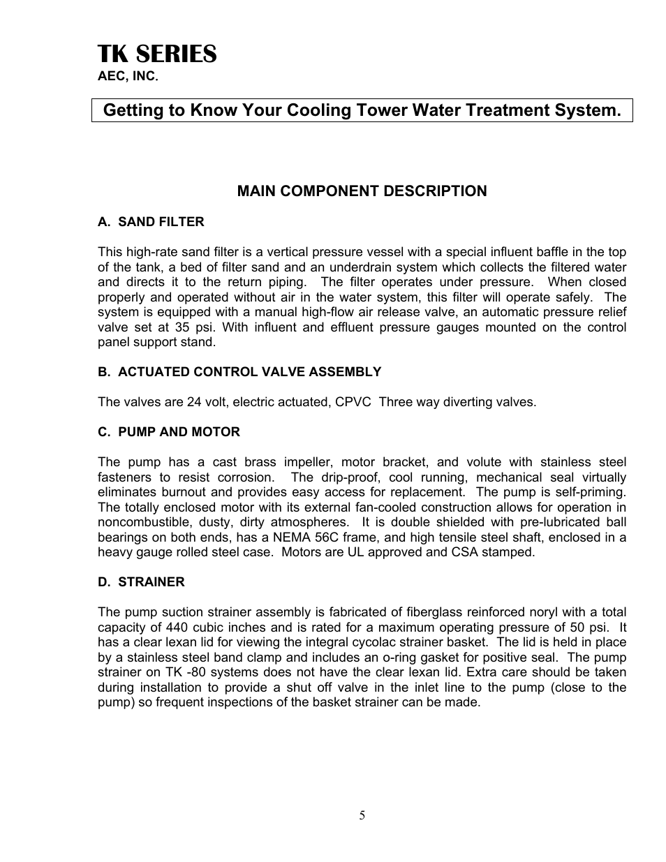 Main component description, Tk series | AEC TK Series Cooling Tower Water Treatment Systems User Manual | Page 5 / 42