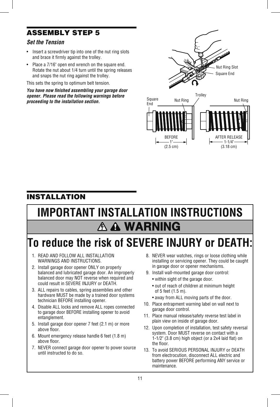 Set the tension, Installation, Assembly step 5 | Chamberlain WD962KLD User Manual | Page 11 / 44