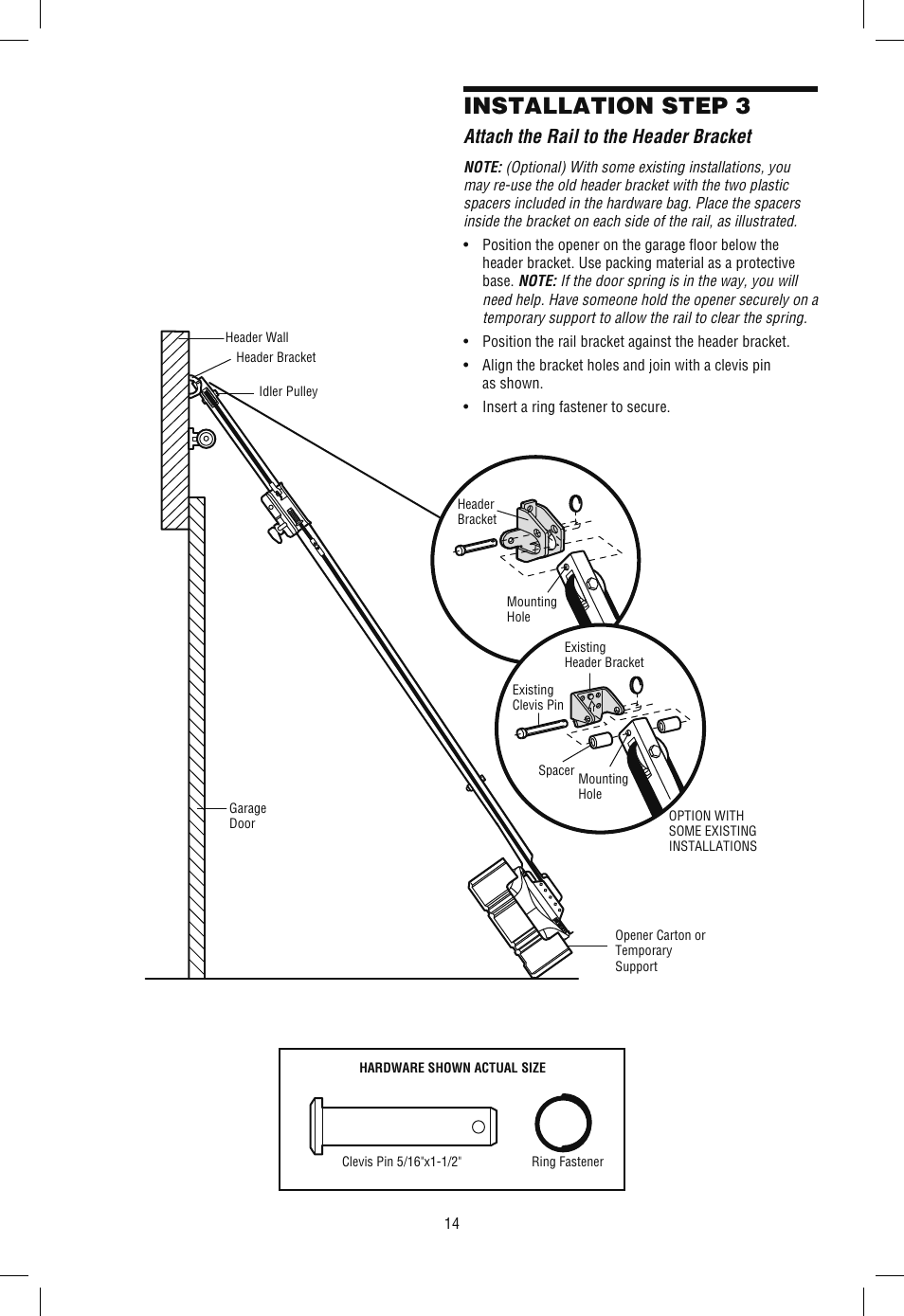 Attach the rail to the header bracket, Installation step 3 | Chamberlain WD962KLD User Manual | Page 14 / 44