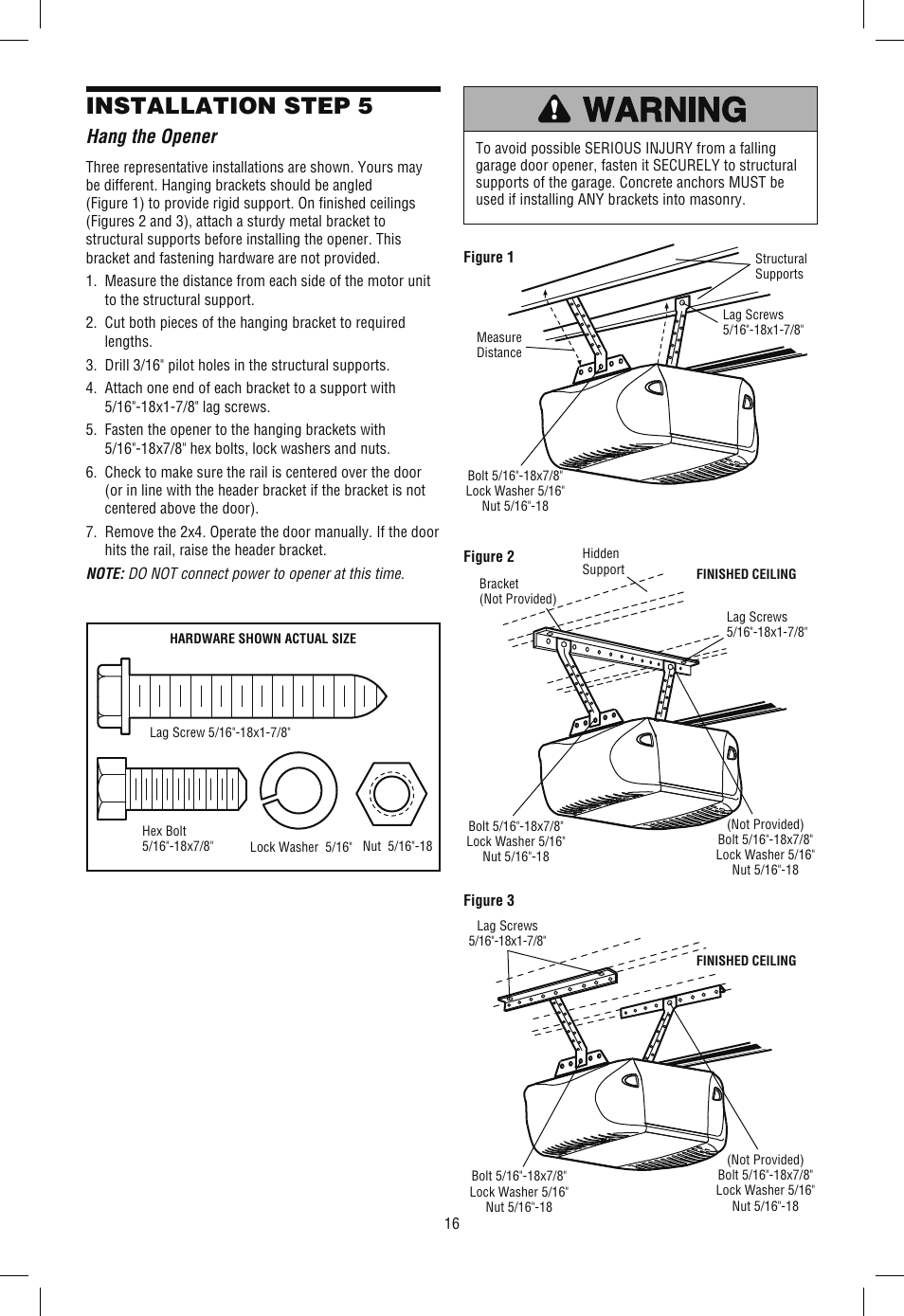 Hang the opener, Installation step 5 | Chamberlain WD962KLD User Manual | Page 16 / 44