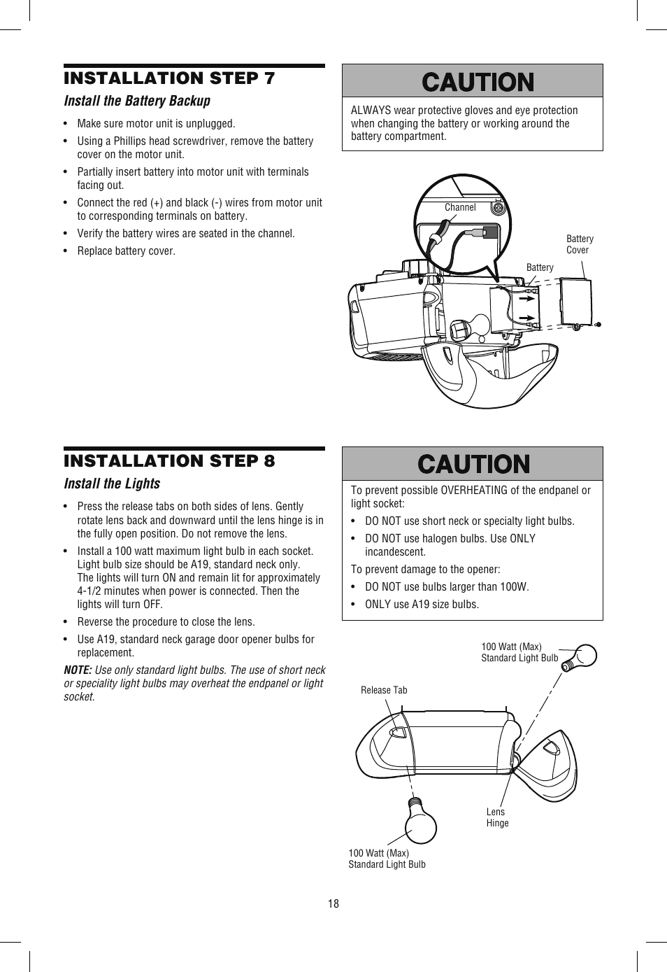 Install the battery backup, Install the lights, Installation step 7 | Installation step 8 | Chamberlain WD962KLD User Manual | Page 18 / 44