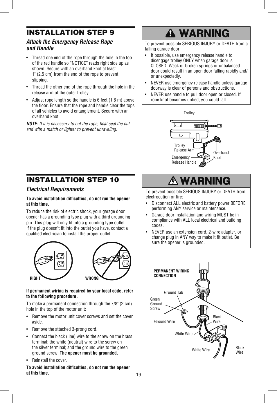 Attach the emergency release ropeand handle, Electrical requirements, Installation step 9 | Installation step 10, Attach the emergency release rope and handle | Chamberlain WD962KLD User Manual | Page 19 / 44