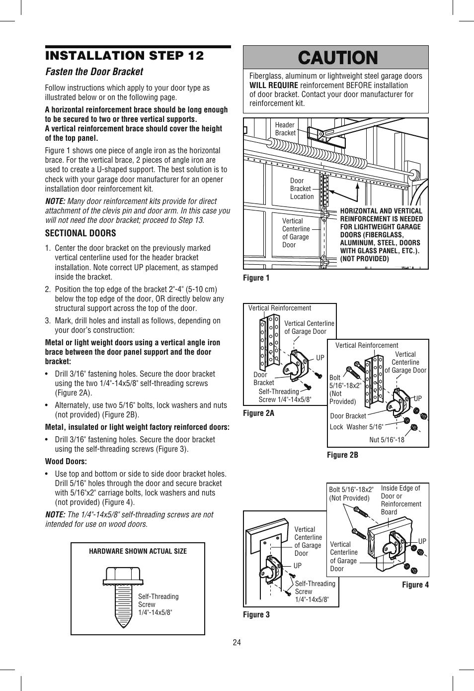 Fasten the door bracket, Installation step 12 | Chamberlain WD962KLD User Manual | Page 24 / 44