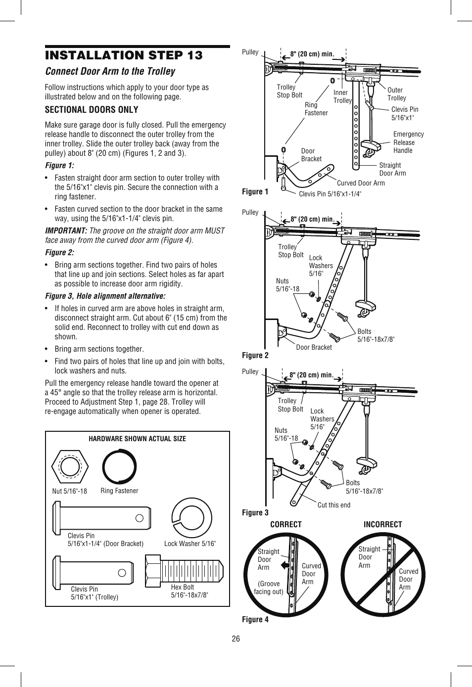Connect door arm to the trolley, Installation step 13 | Chamberlain WD962KLD User Manual | Page 26 / 44