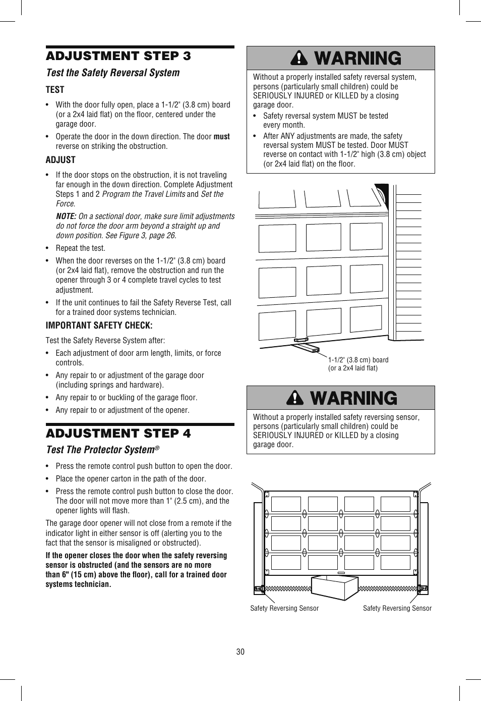 Test the safety reversal system, Test the protector system, Adjustment step 3 | Adjustment step 4 | Chamberlain WD962KLD User Manual | Page 30 / 44