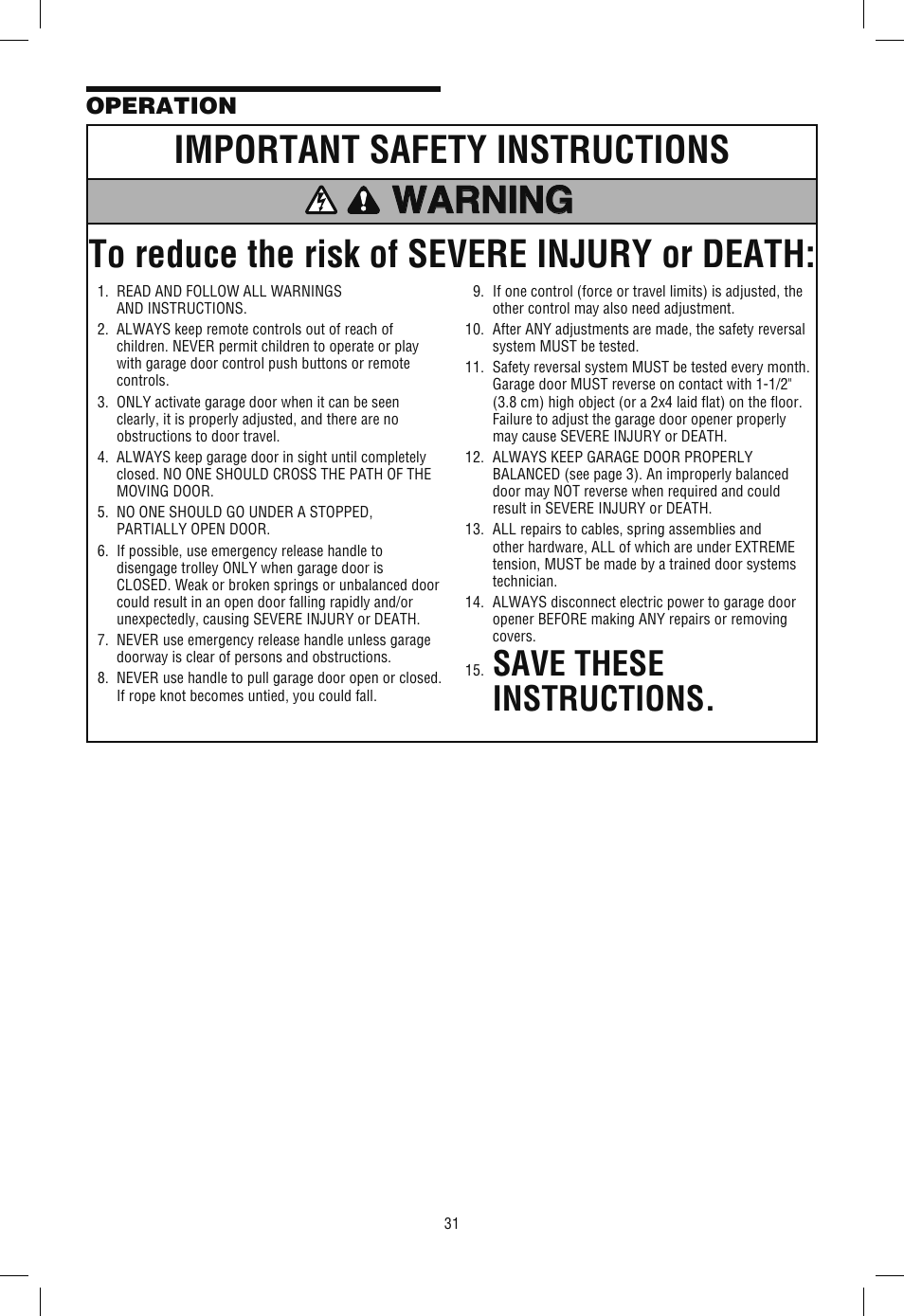 Operation, Important safety instructions, Save these instructions | Chamberlain WD962KLD User Manual | Page 31 / 44