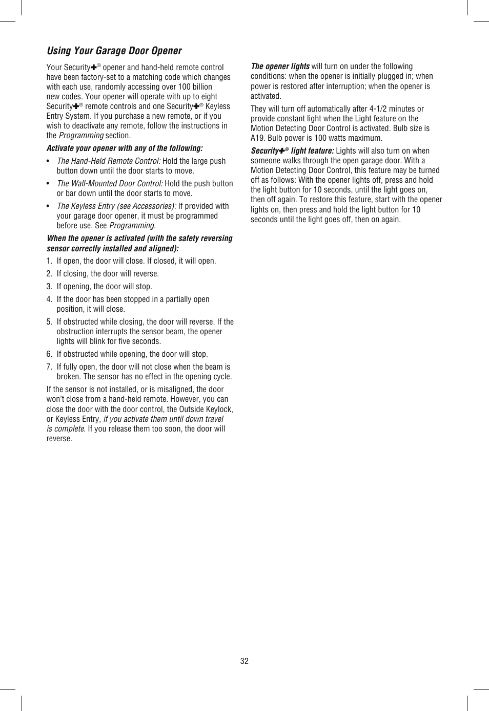 Using your garage door opener | Chamberlain WD962KLD User Manual | Page 32 / 44