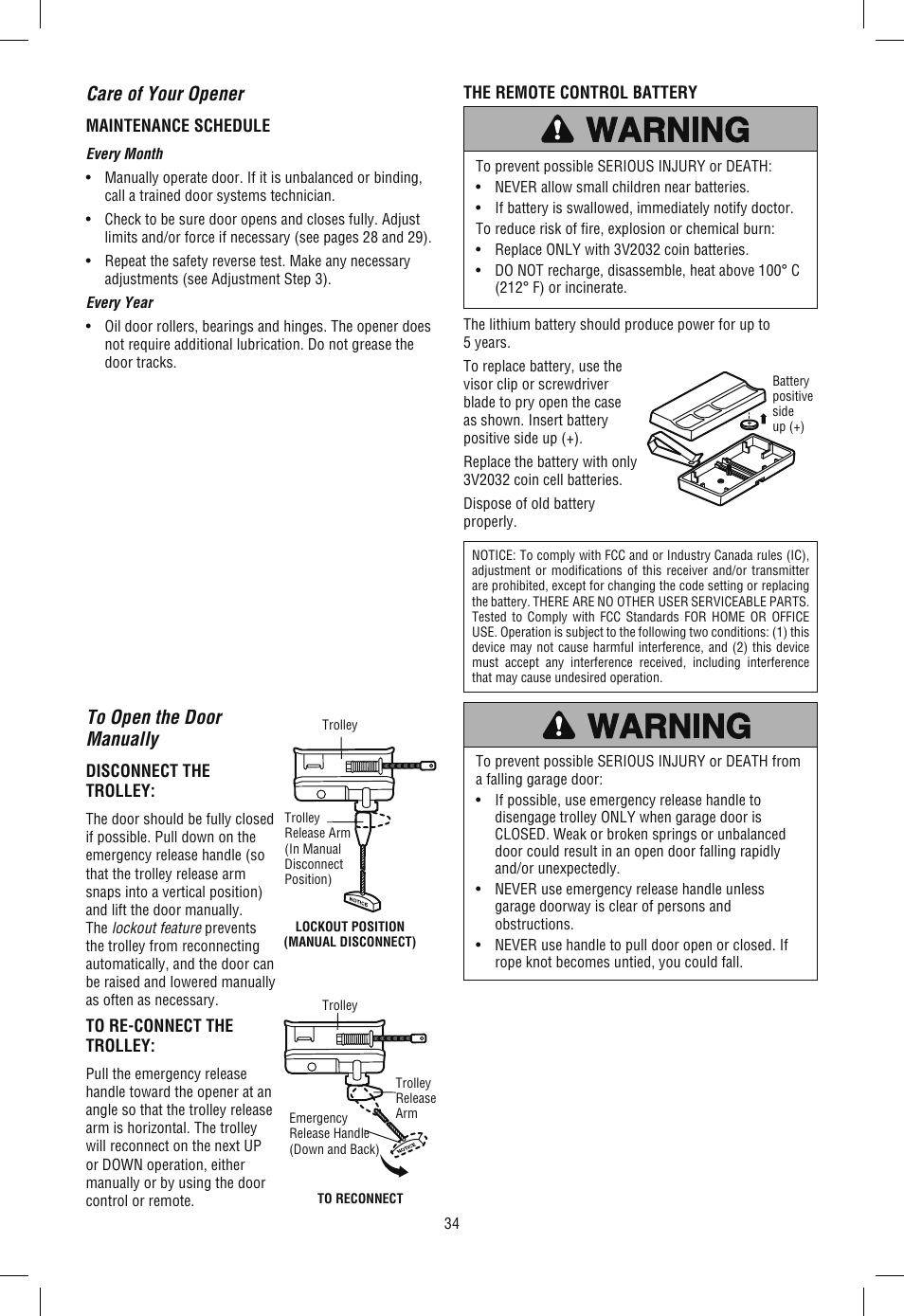 Care of your opener, To open the doormanually | Chamberlain WD962KLD User Manual | Page 34 / 44