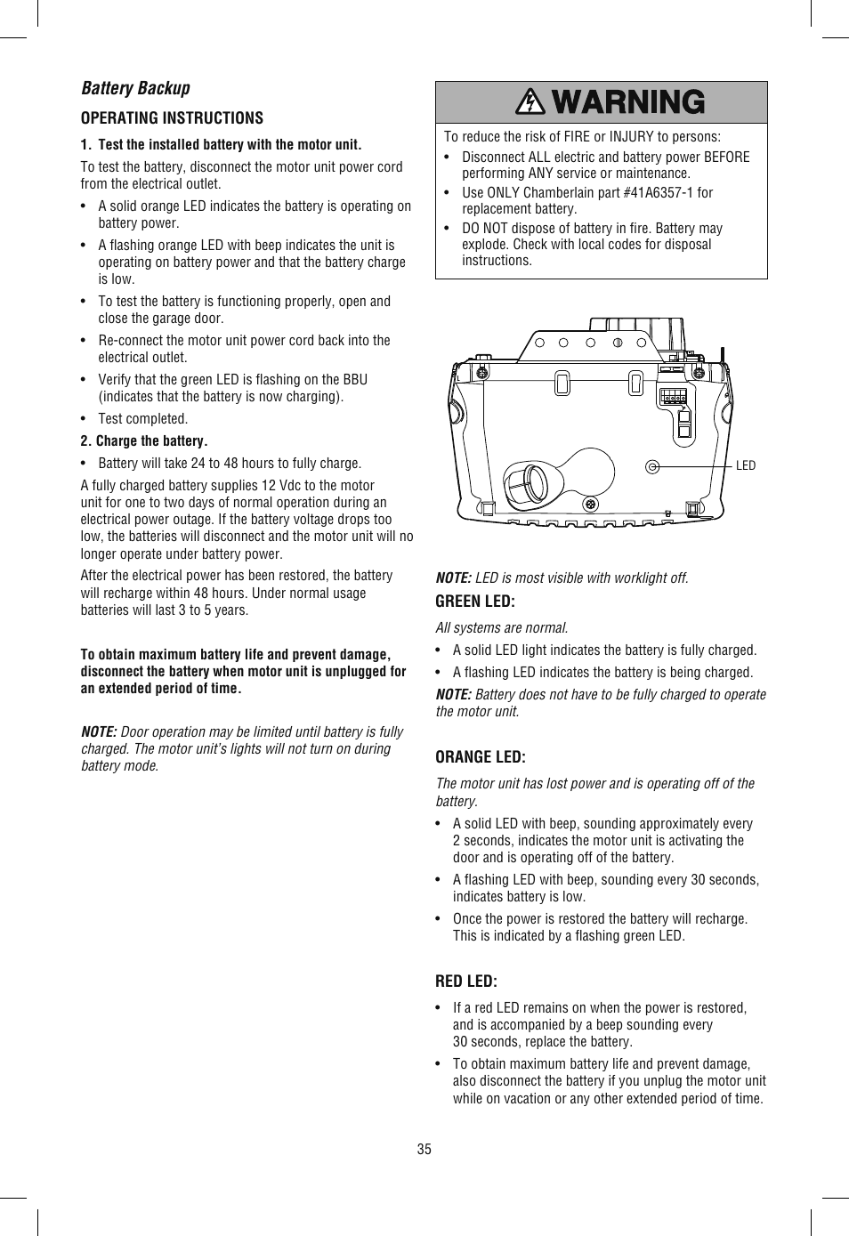 Battery backup | Chamberlain WD962KLD User Manual | Page 35 / 44