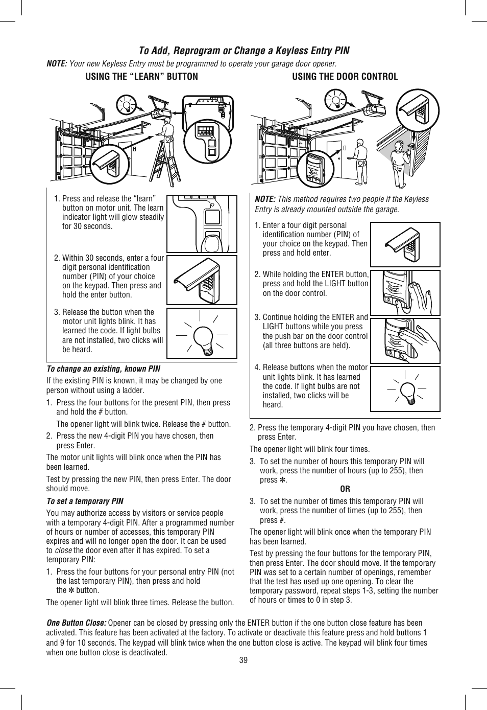 To add, reprogram or change a keyless entry pin | Chamberlain WD962KLD User Manual | Page 39 / 44