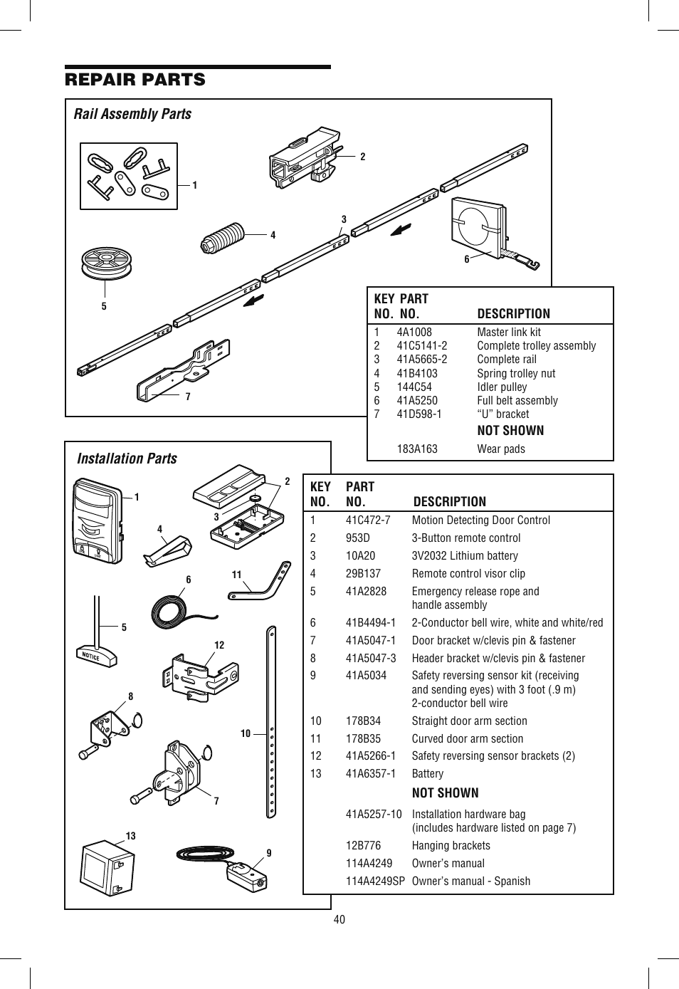 Repair parts, Rail assembly parts, Installation parts | Chamberlain WD962KLD User Manual | Page 40 / 44