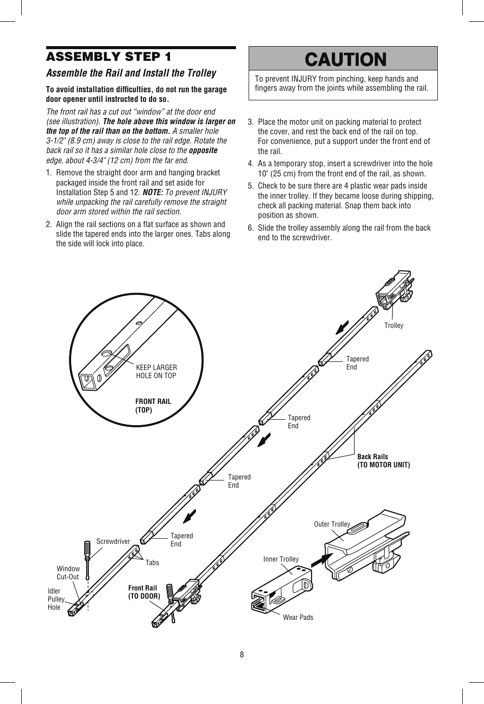 Assembly, Assemble the rail and install the trolley, Assembly step 1 | Chamberlain WD962KLD User Manual | Page 8 / 44