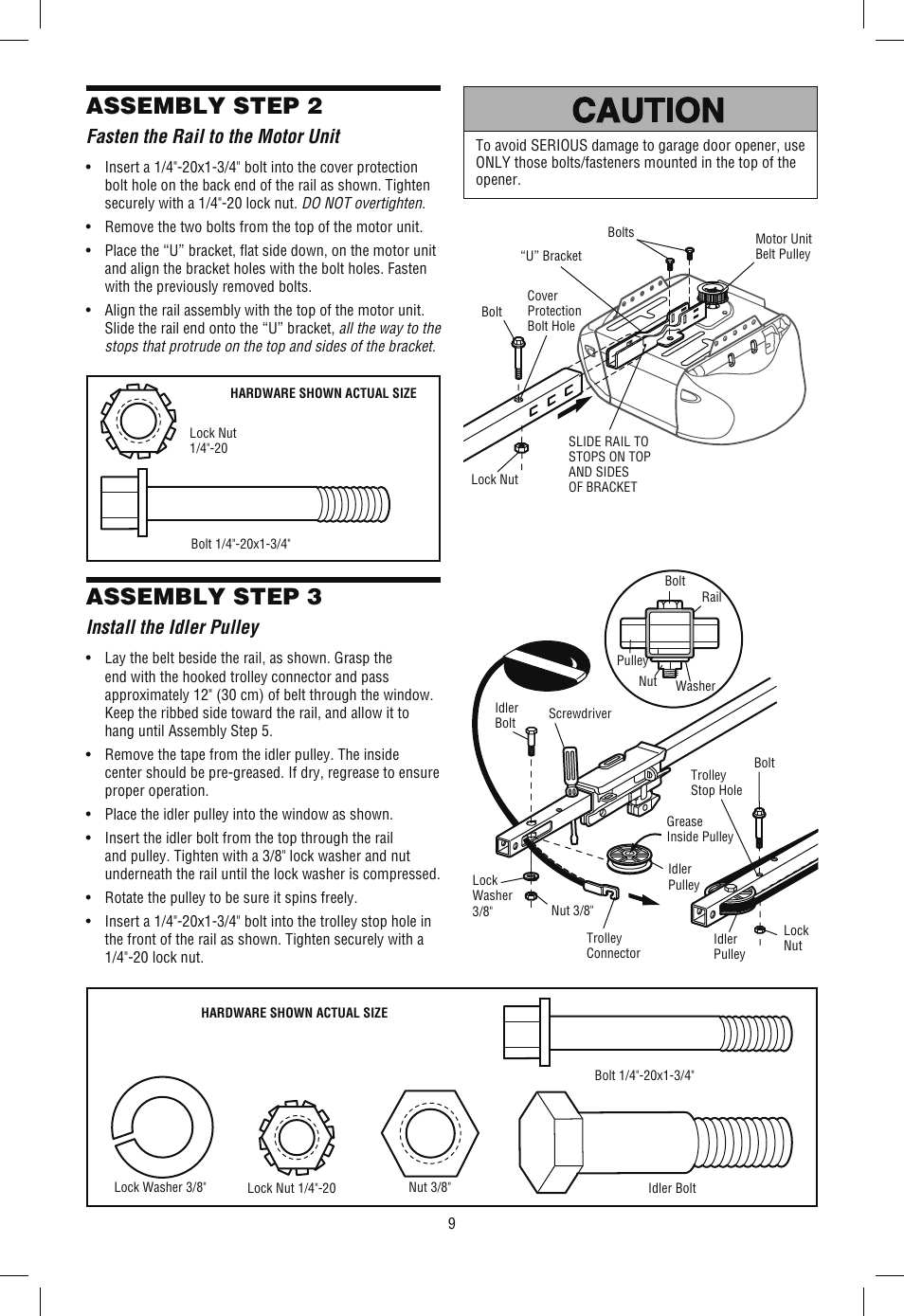 Fasten the rail to the motor unit, Install the idler pulley, Assembly step 2 | Assembly step 3 | Chamberlain WD962KLD User Manual | Page 9 / 44