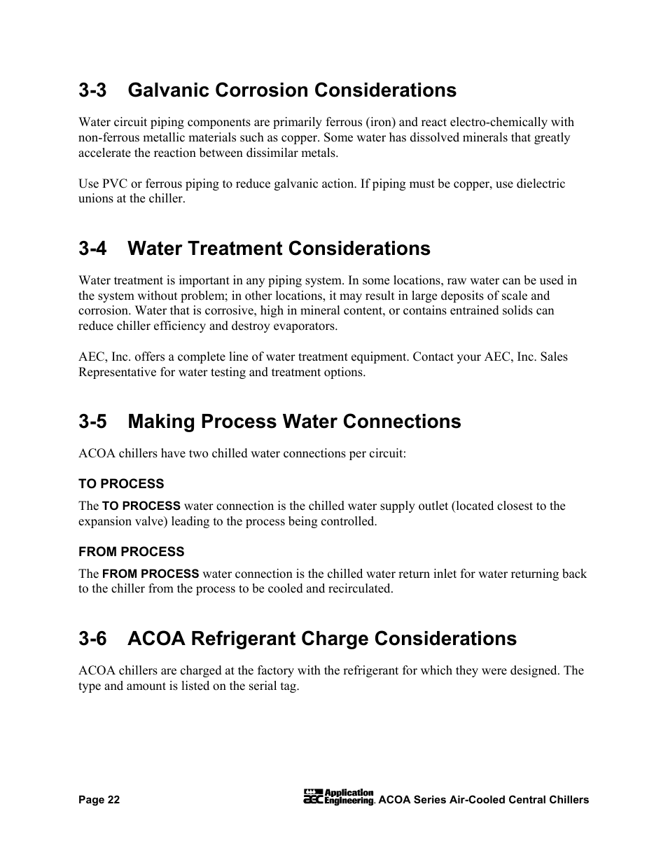 To process, From process, 3 galvanic corrosion considerations | 4 water treatment considerations, 5 making process water connections, 6 acoa refrigerant charge considerations | AEC ACOA Series Air-Cooled Central Chillers User Manual | Page 23 / 55