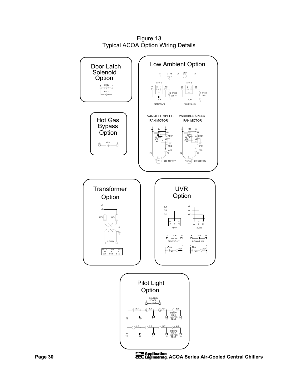 Low ambient option, Transformer option, Uvr option | Pilot light option, Door latch solenoid option, Hot gas bypass option, Figure 13 typical acoa option wiring details, Page 30 acoa series air-cooled central chillers | AEC ACOA Series Air-Cooled Central Chillers User Manual | Page 31 / 55