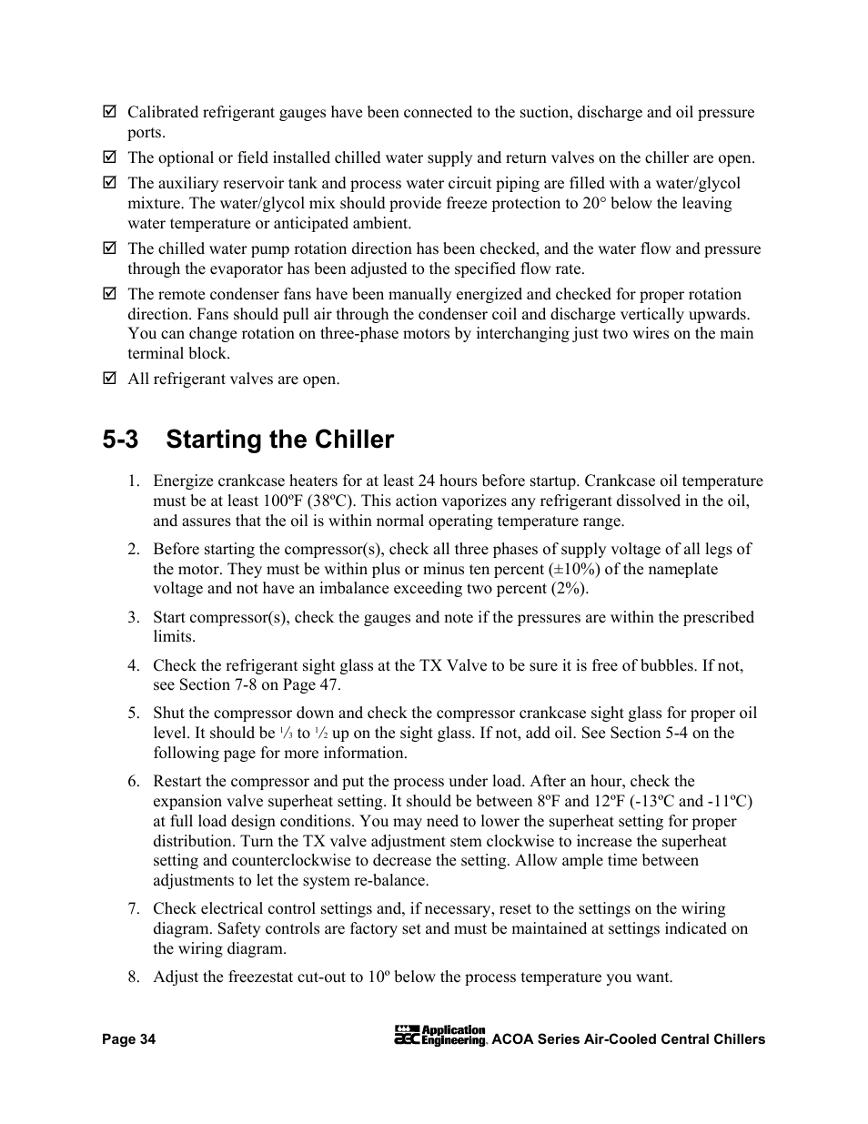 3 starting the chiller | AEC ACOA Series Air-Cooled Central Chillers User Manual | Page 35 / 55