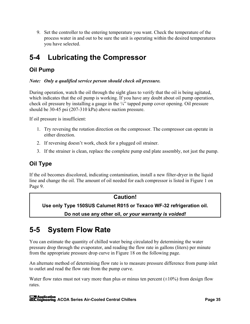 Oil pump, Oil type, 4 lubricating the compressor | 5 system flow rate, Caution | AEC ACOA Series Air-Cooled Central Chillers User Manual | Page 36 / 55