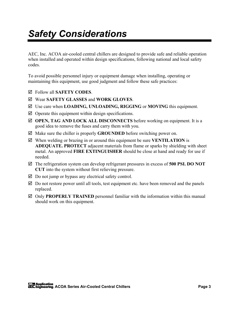 Safety considerations | AEC ACOA Series Air-Cooled Central Chillers User Manual | Page 4 / 55