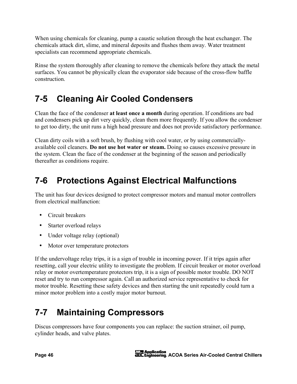 5 cleaning air cooled condensers, 6 protections against electrical malfunctions, 7 maintaining compressors | AEC ACOA Series Air-Cooled Central Chillers User Manual | Page 47 / 55