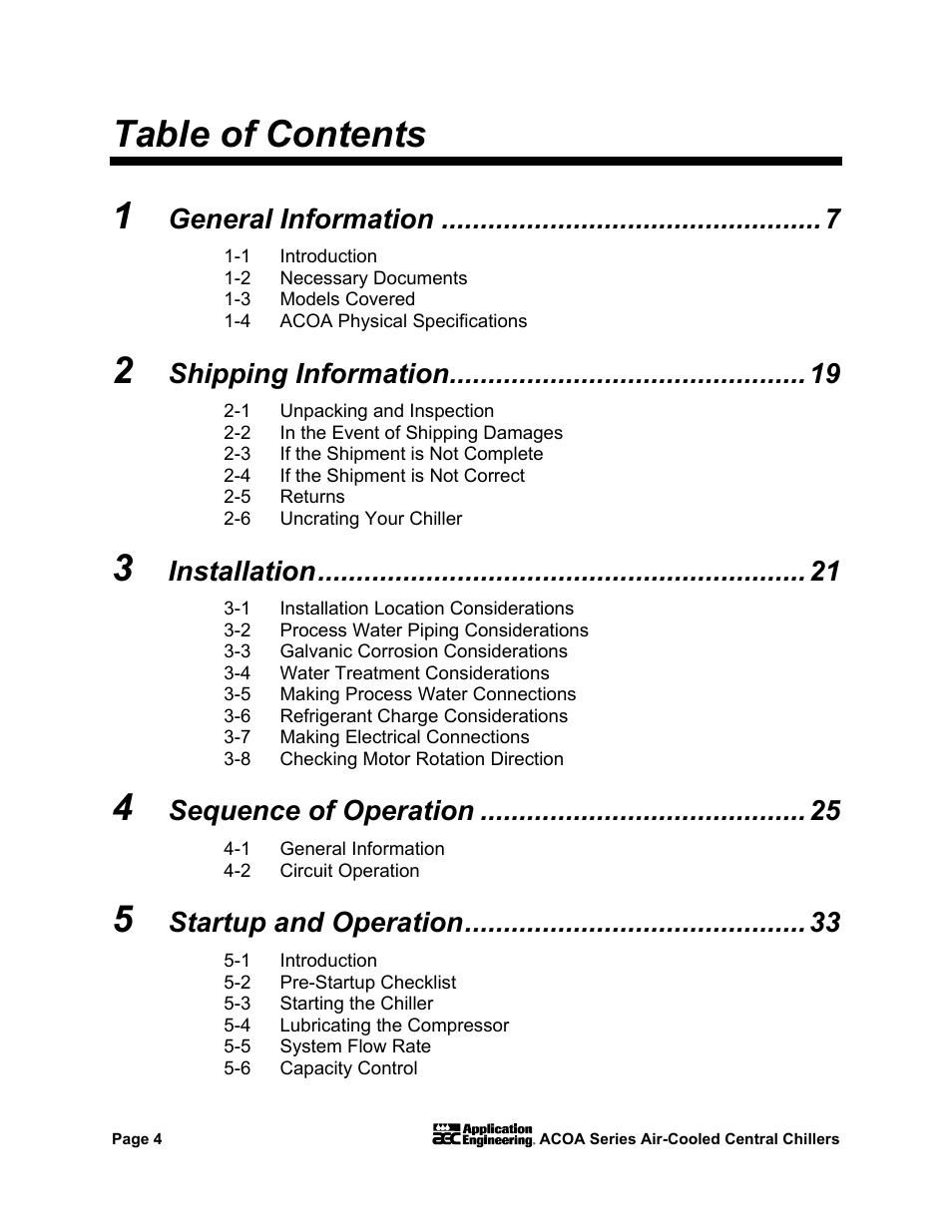 Table of contents 1, General information, Shipping information | Installation, Sequence of operation, Startup and operation | AEC ACOA Series Air-Cooled Central Chillers User Manual | Page 5 / 55