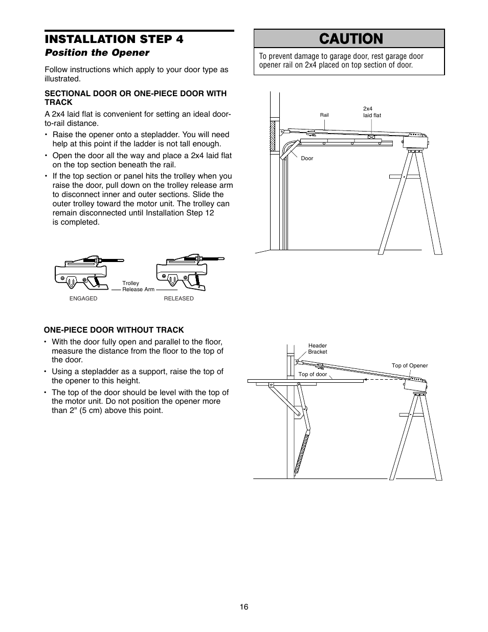 Installation step 4, Warning caution warning warning | Chamberlain 1240R - 1/4HP User Manual | Page 16 / 40