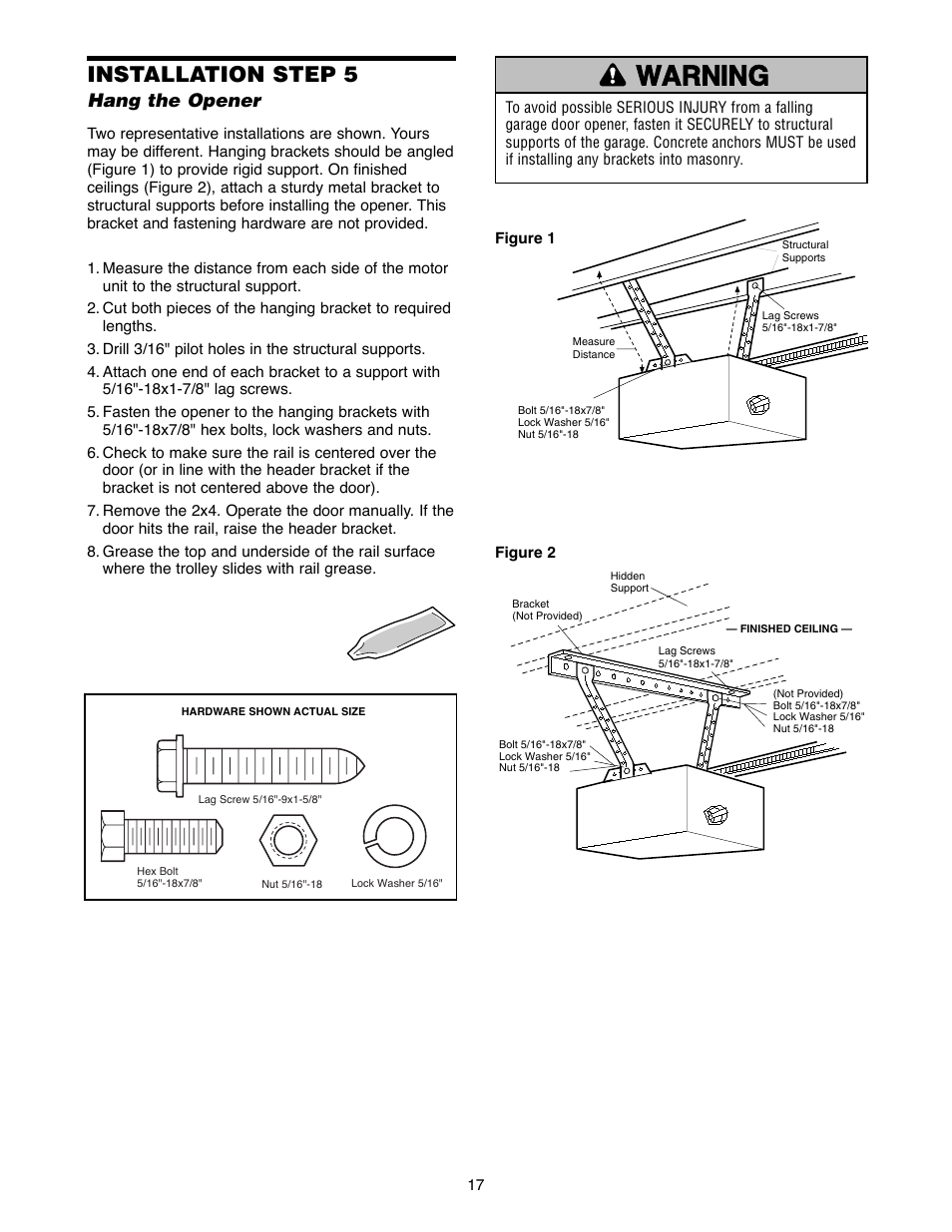Installation step 5, Warning caution warning warning | Chamberlain 1240R - 1/4HP User Manual | Page 17 / 40