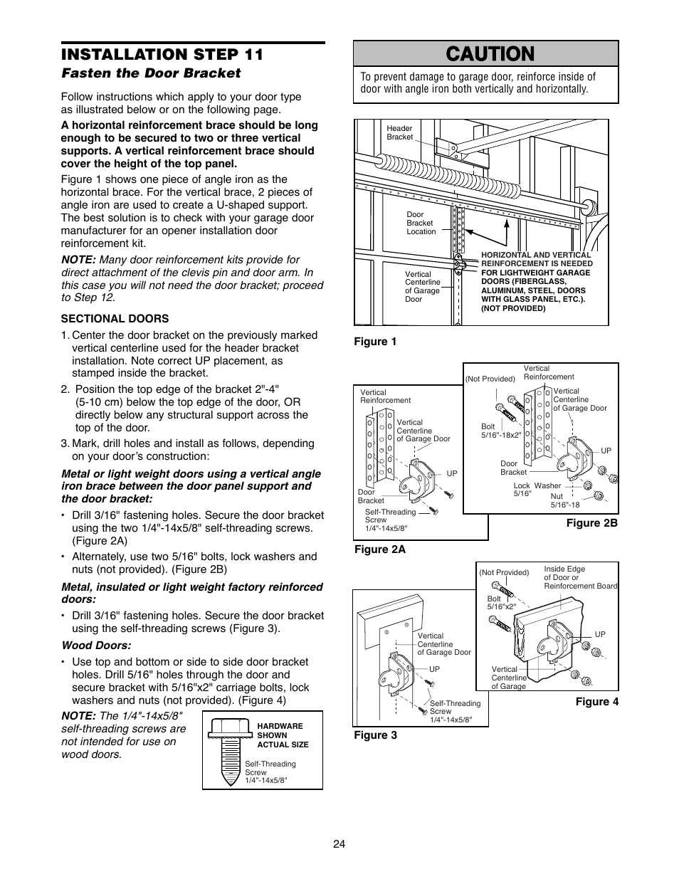 Installation step 11, Warning caution warning warning, Fasten the door bracket | Chamberlain 1240R - 1/4HP User Manual | Page 24 / 40