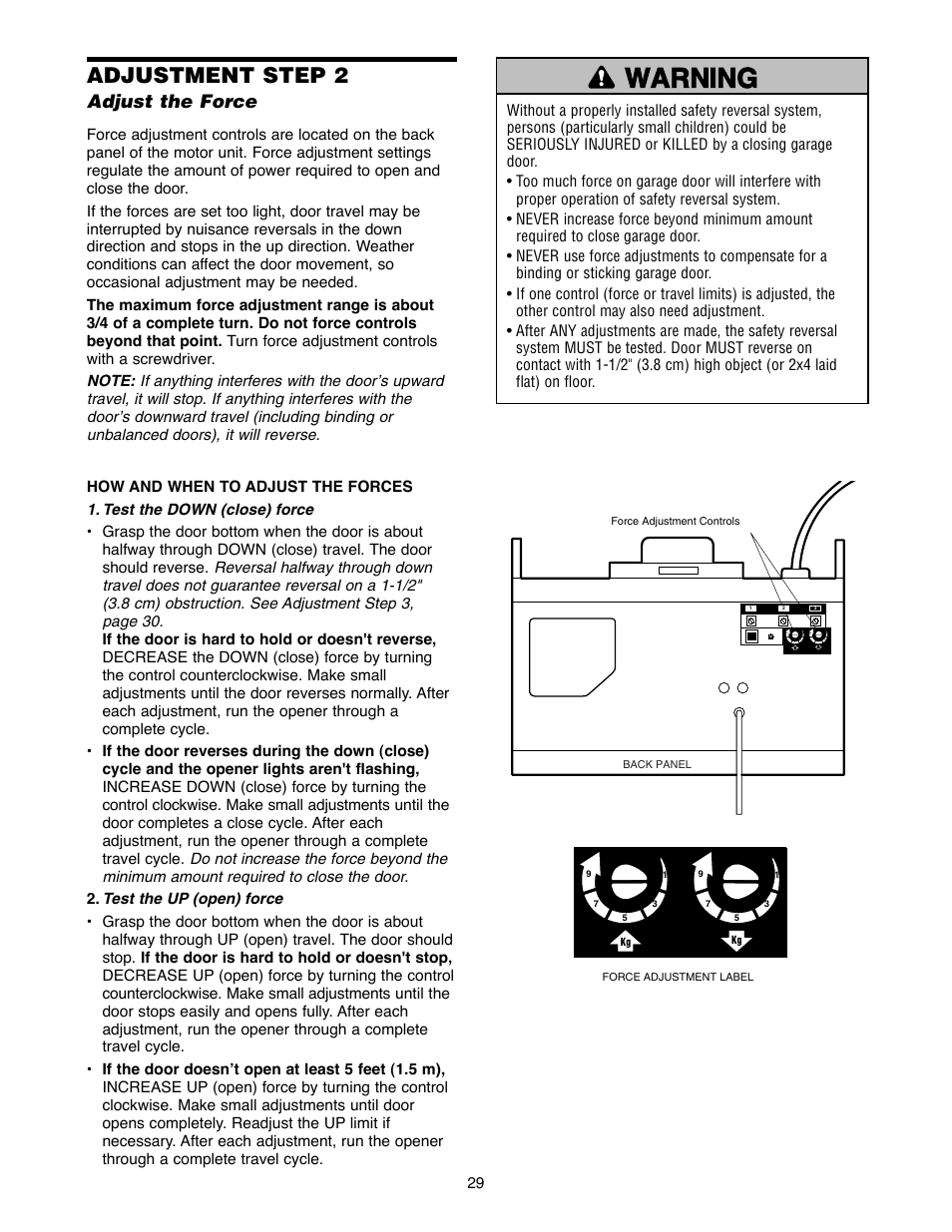 Adjustment step 2, Warning caution warning warning, Adjust the force | Chamberlain 1240R - 1/4HP User Manual | Page 29 / 40